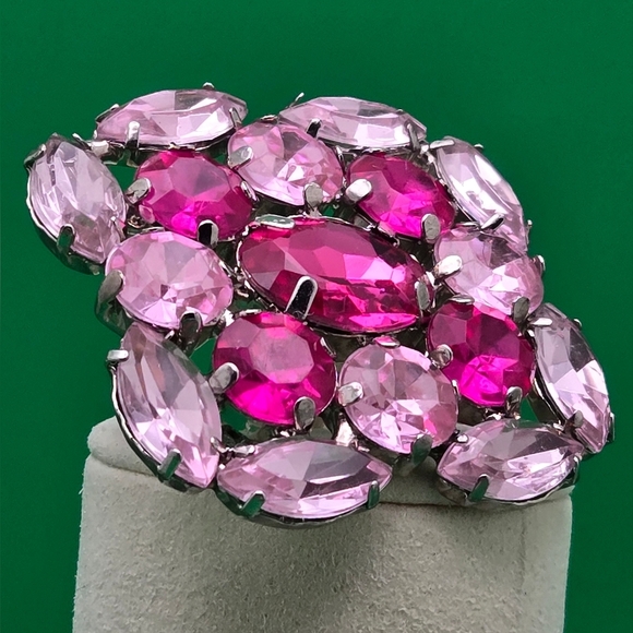 Pink Rose Raspberry Rhinestones Brooch Large Square Pin - Picture 8 of 8